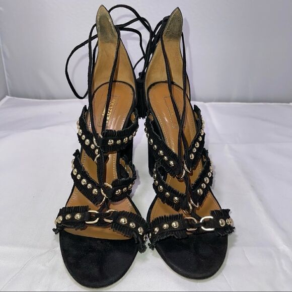 𝅺Aquazzurra Sandals Firenze Tulum Black Suede Sandals Chunky Heel Size 37 U.S. 6 - Picture 9 of 15